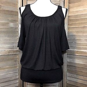 Boston Proper Black Cold Shoulder Top with Short Sleeves, Small